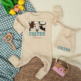 Personalized Longhorn Baby Bodysuit with Western Name Design, Custom Cowboy Newborn Outfit, Rustic Cowhide Print Romper Gift Idea