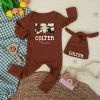 Personalized Longhorn Baby Bodysuit with Western Name Design, Custom Cowboy Newborn Outfit, Rustic Cowhide Print Romper Gift Idea
