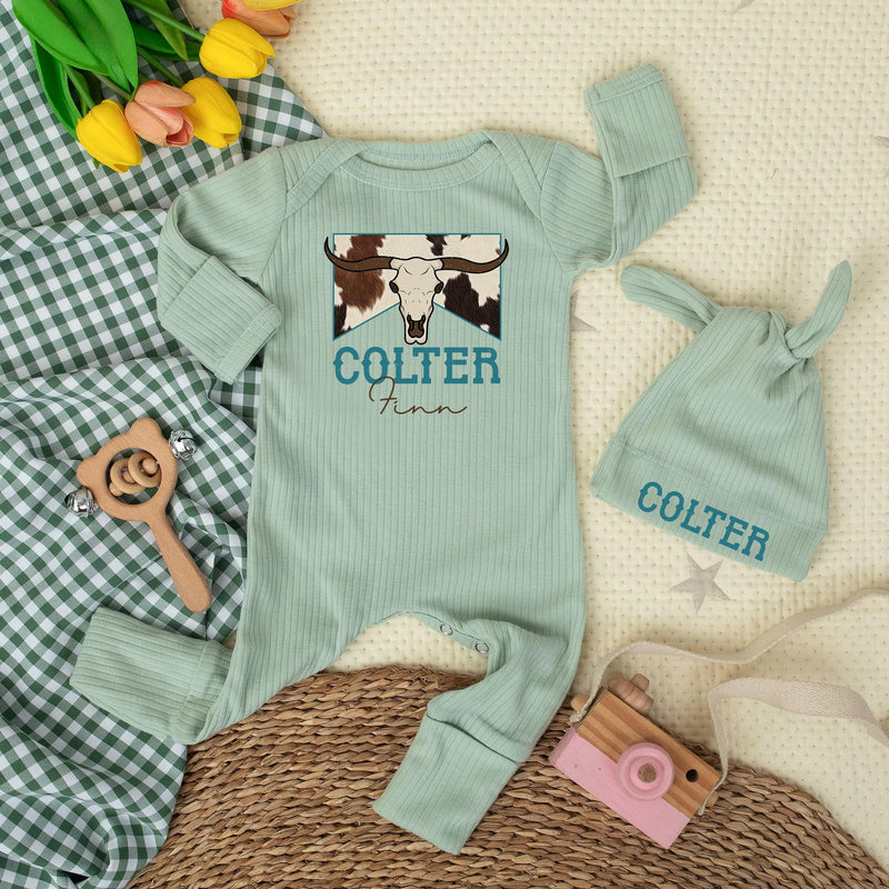 Personalized Longhorn Baby Bodysuit with Western Name Design, Custom Cowboy Newborn Outfit, Rustic Cowhide Print Romper Gift Idea
