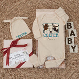 Personalized Longhorn Baby Bodysuit with Western Name Design, Custom Cowboy Newborn Outfit, Rustic Cowhide Print Romper Gift Idea