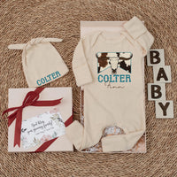 Personalized Longhorn Baby Bodysuit with Western Name Design, Custom Cowboy Newborn Outfit, Rustic Cowhide Print Romper Gift Idea
