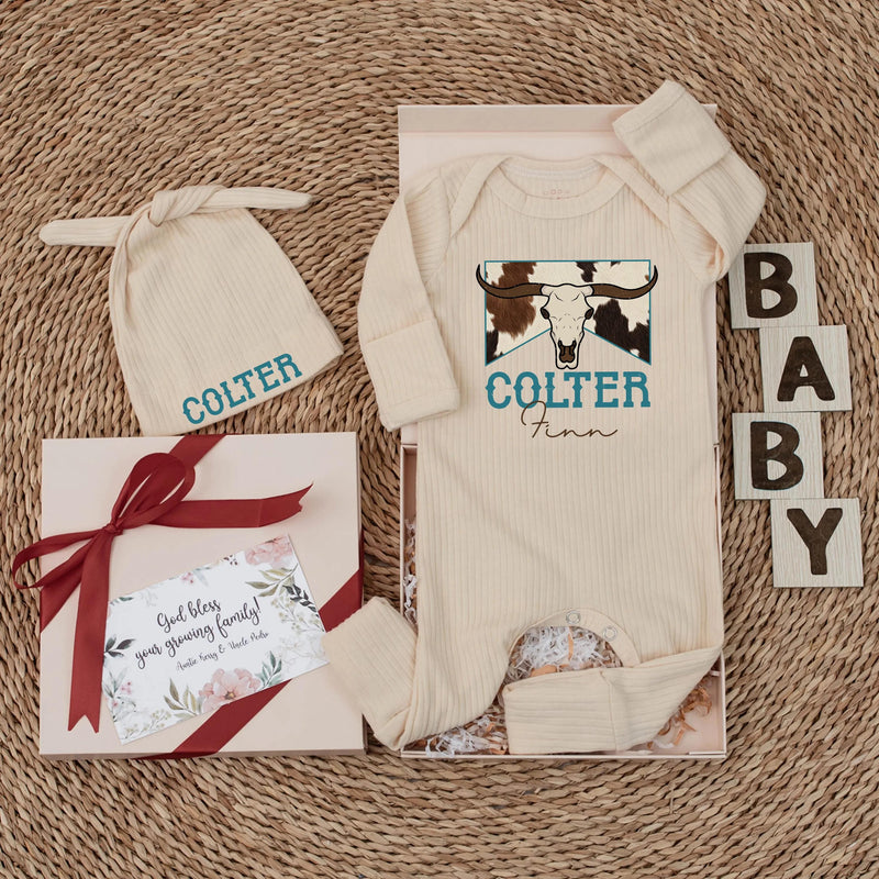 Personalized Longhorn Baby Bodysuit with Western Name Design, Custom Cowboy Newborn Outfit, Rustic Cowhide Print Romper Gift Idea