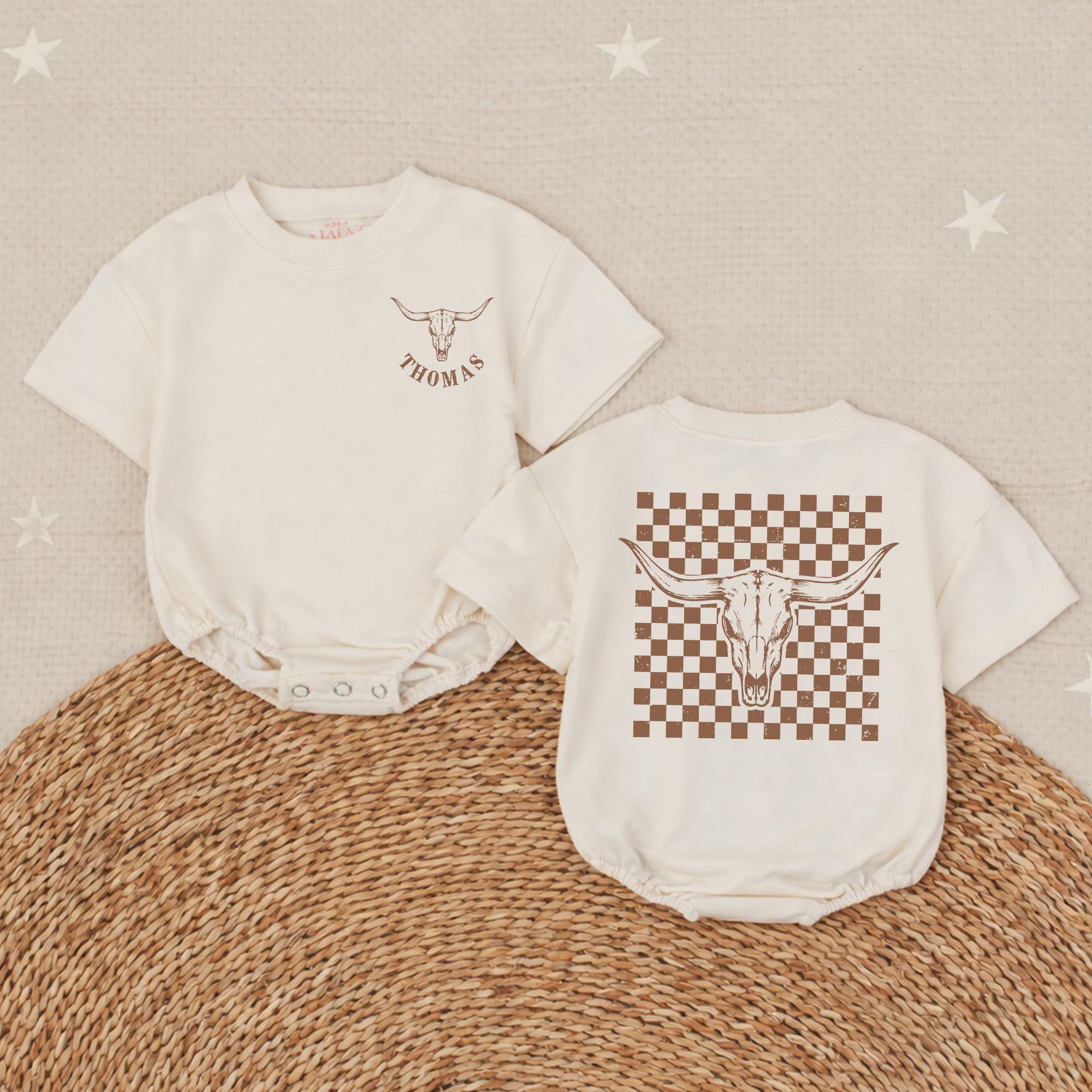 Personalized Longhorn Baby Romper with Cowboy Checkered Design Custom Name Western Outfit for Boys Rustic Boho Birthday Clothing