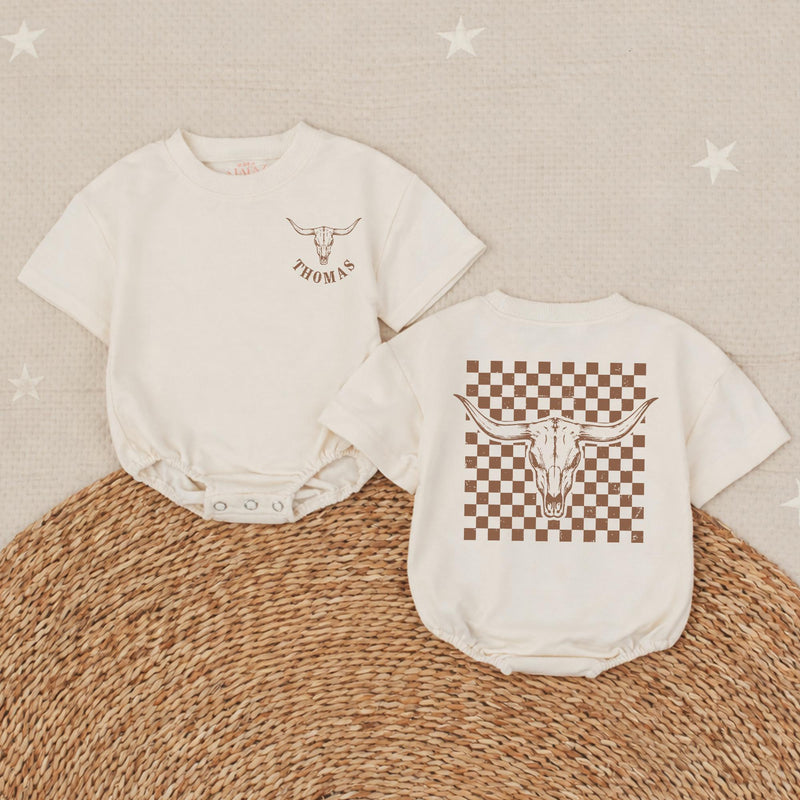 Personalized Longhorn Baby Romper with Cowboy Checkered Design Custom Name Western Outfit for Boys Rustic Boho Birthday Clothing