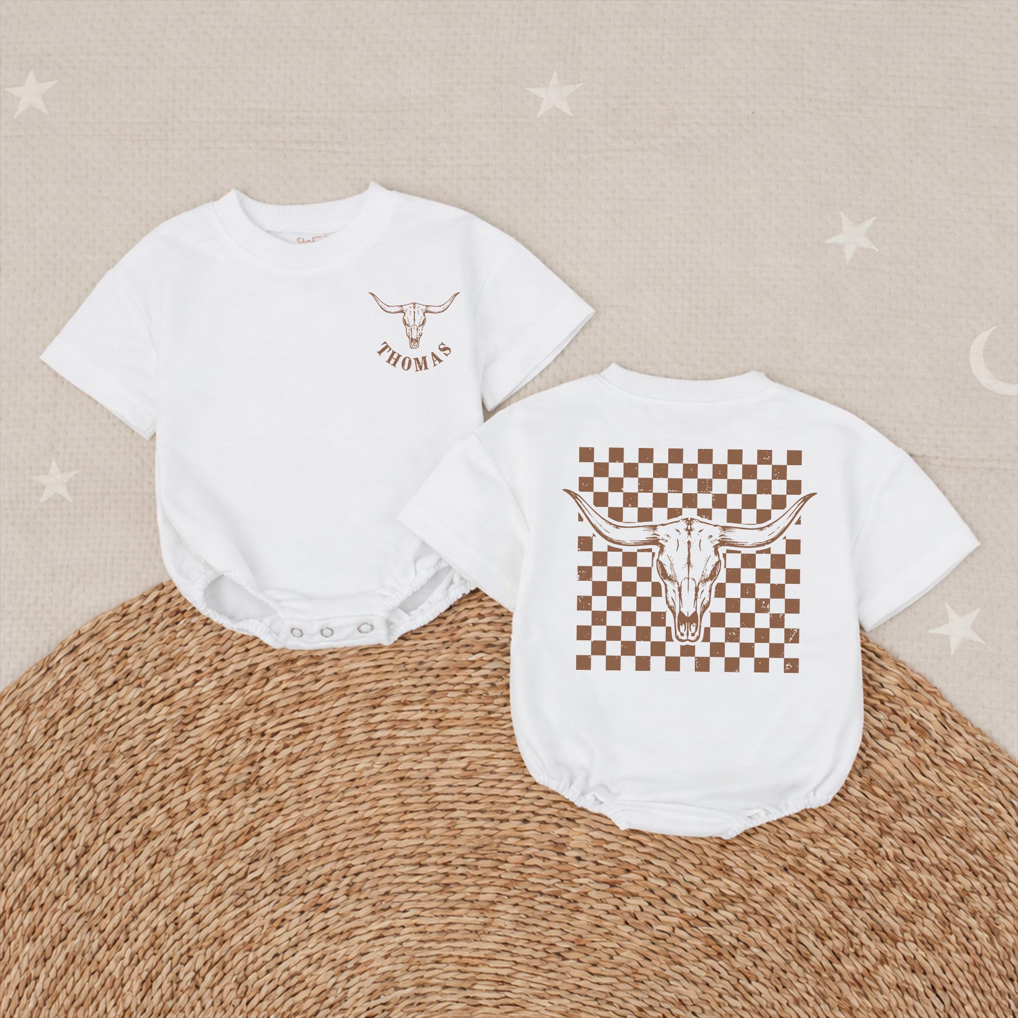 Personalized Longhorn Baby Romper with Cowboy Checkered Design Custom Name Western Outfit for Boys Rustic Boho Birthday Clothing