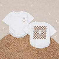 Personalized Longhorn Baby Romper with Cowboy Checkered Design Custom Name Western Outfit for Boys Rustic Boho Birthday Clothing