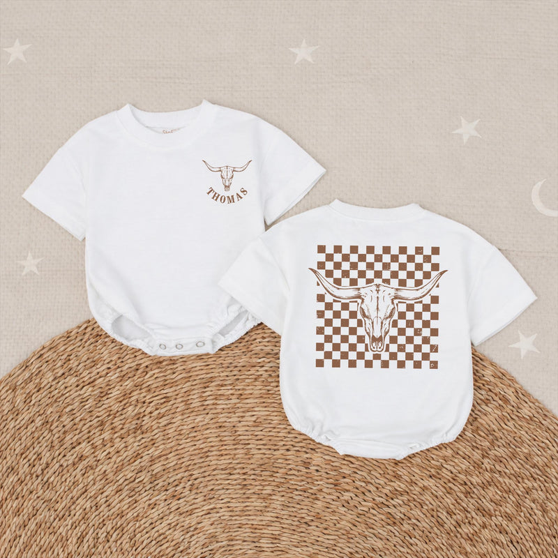 Personalized Longhorn Baby Romper with Cowboy Checkered Design Custom Name Western Outfit for Boys Rustic Boho Birthday Clothing
