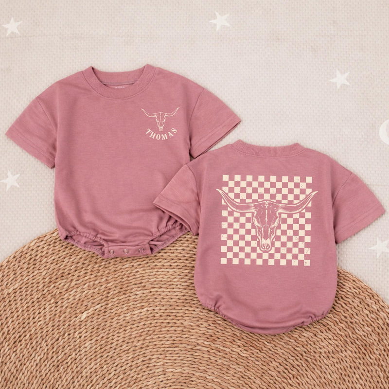 Personalized Longhorn Baby Romper with Cowboy Checkered Design Custom Name Western Outfit for Boys Rustic Boho Birthday Clothing