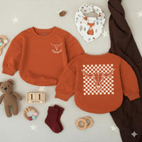 Personalized Longhorn Baby Romper with Cowboy Checkered Design Custom Name Western Outfit for Boys Rustic Boho Birthday Clothing