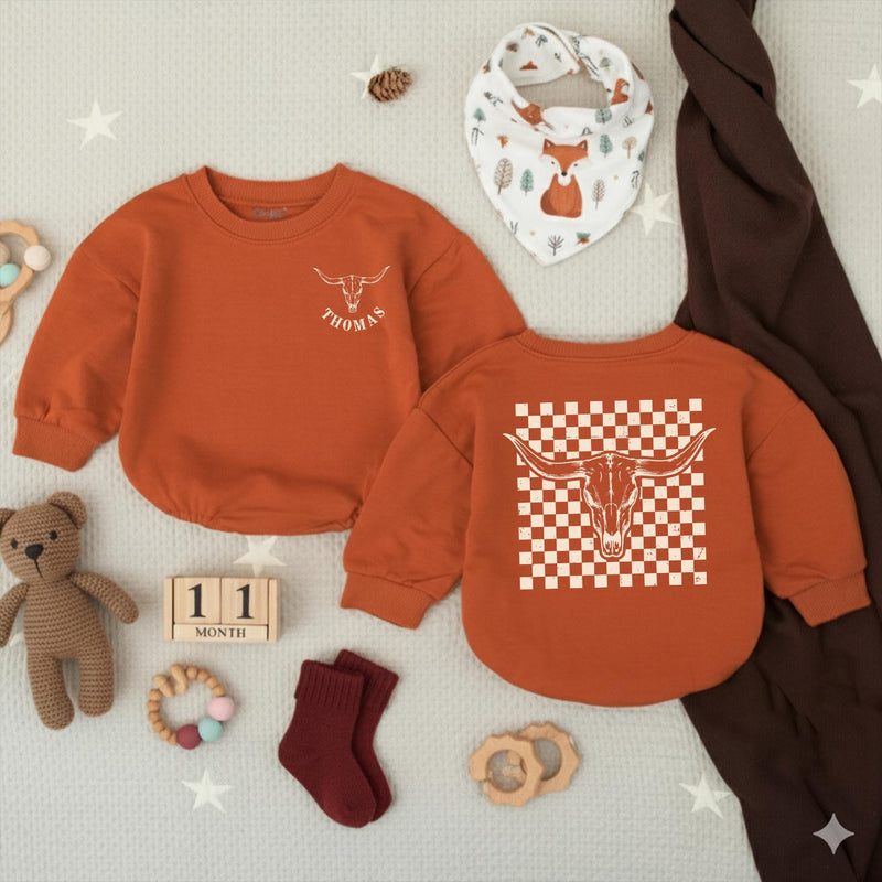 Personalized Longhorn Baby Romper with Cowboy Checkered Design Custom Name Western Outfit for Boys Rustic Boho Birthday Clothing