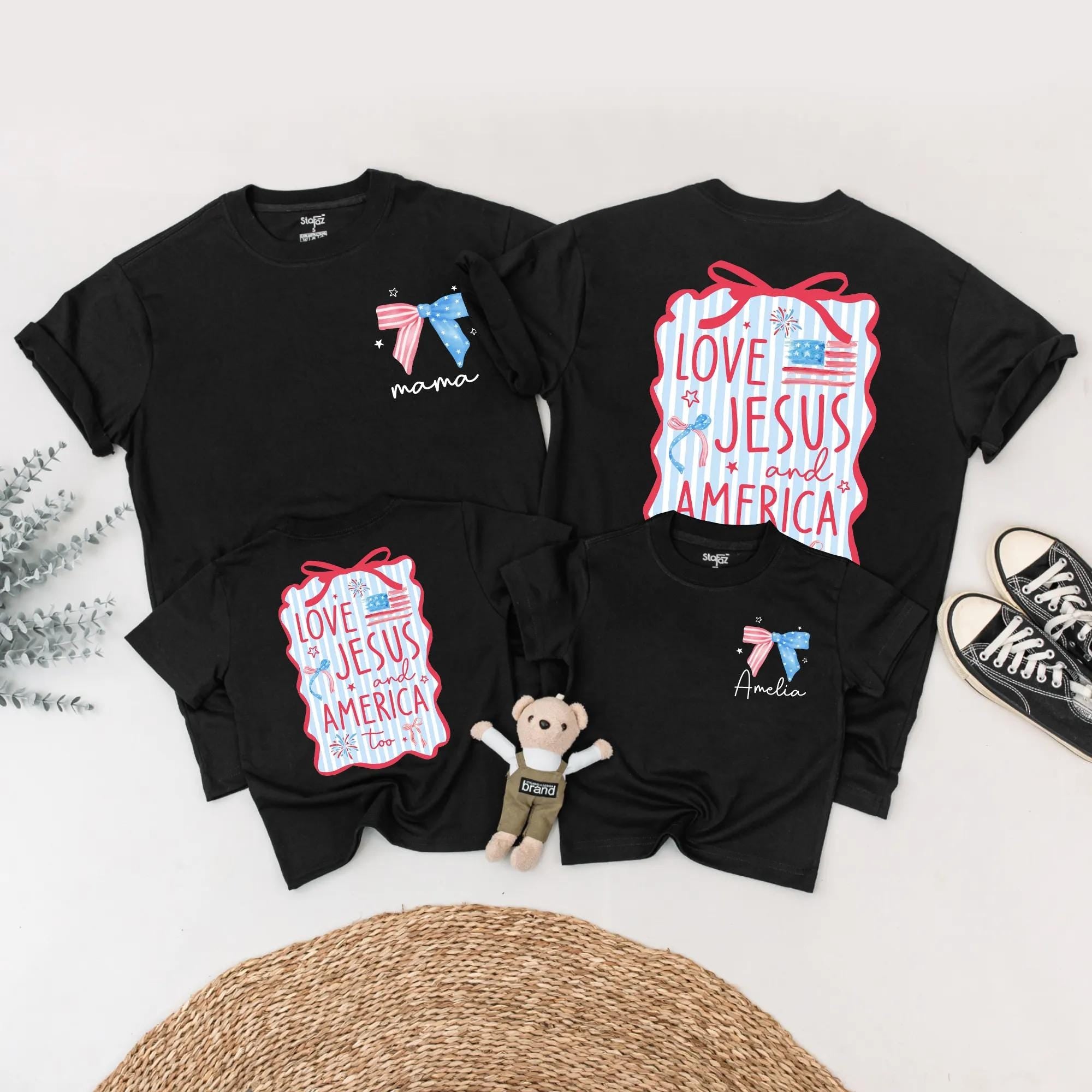 Personalized Love Jesus and America Too Mom Baby Outfit 4th of July Romper Matching Family Patriotic Holiday Gift USA Cotton Design