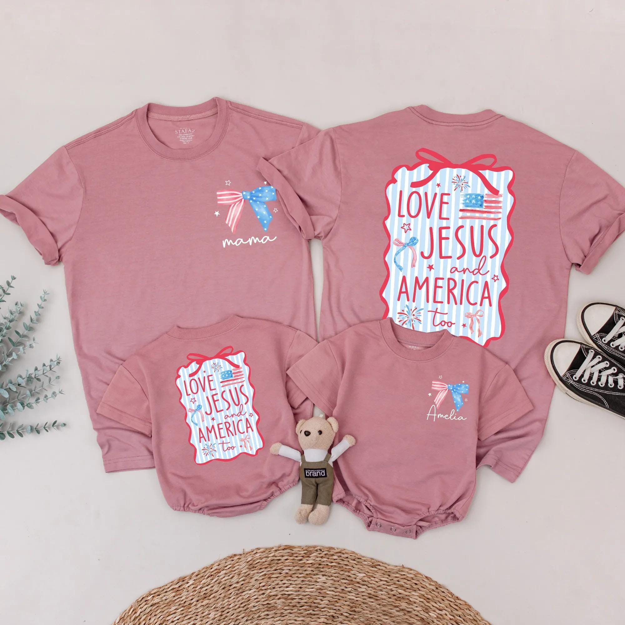 Personalized Love Jesus and America Too Mom Baby Outfit 4th of July Romper Matching Family Patriotic Holiday Gift USA Cotton Design