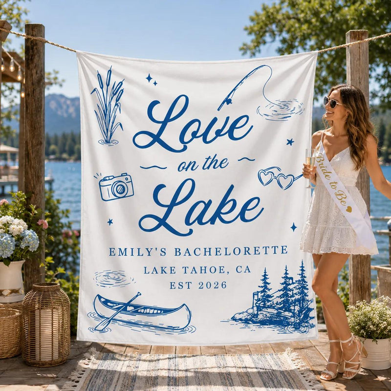 Personalized Love on the Lake Bachelorette Banner Lake Tahoe Party Decor Custom Lake House Weekend Bride Celebration Banner EST 2026