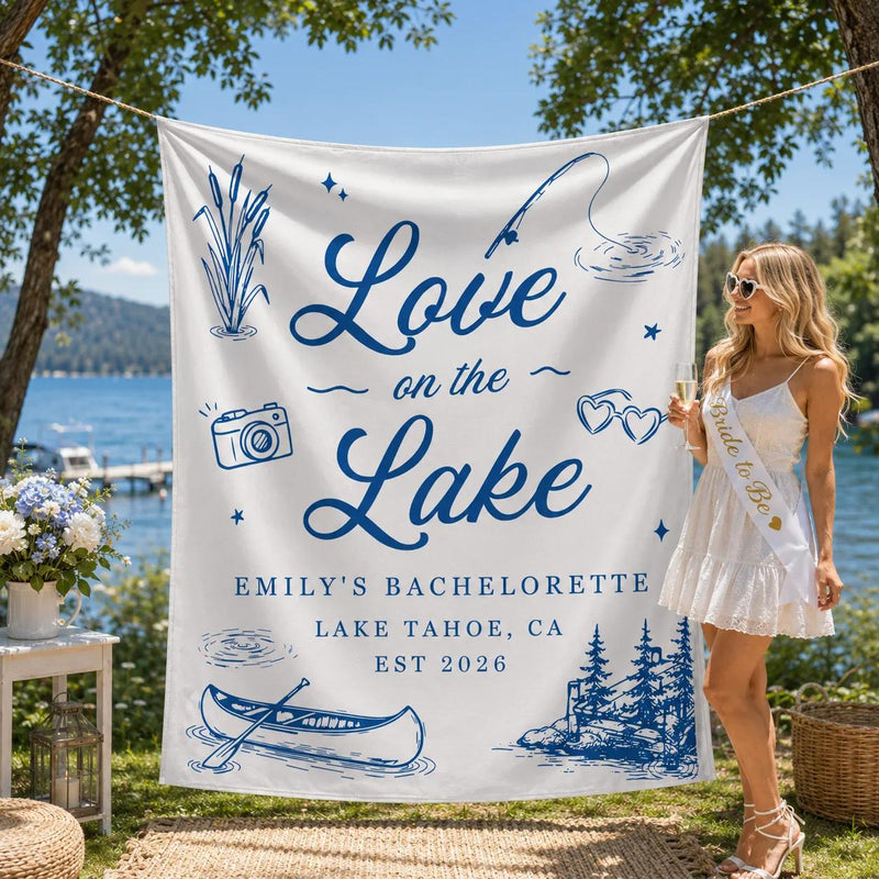 Personalized Love on the Lake Bachelorette Banner Lake Tahoe Party Decor Custom Lake House Weekend Bride Celebration Banner EST 2026