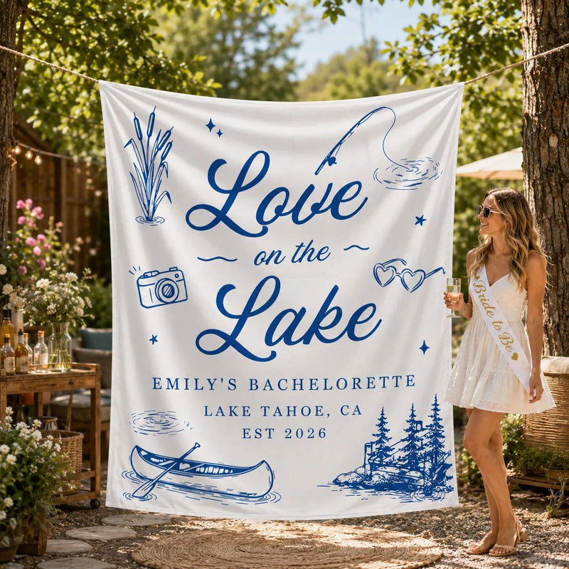 Personalized Love on the Lake Bachelorette Banner Lake Tahoe Party Decor Custom Lake House Weekend Bride Celebration Banner EST 2026