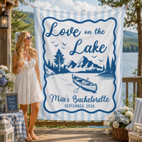 Personalized Love on the Lake Bachelorette Party Banner with Canoe Scene Rustic Blue Stripes Backdrop Custom Name and Date Decor
