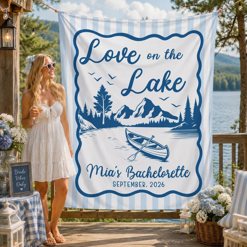 Personalized Love on the Lake Bachelorette Party Banner with Canoe Scene Rustic Blue Stripes Backdrop Custom Name and Date Decor