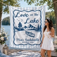 Personalized Love on the Lake Bachelorette Party Banner with Canoe Scene Rustic Blue Stripes Backdrop Custom Name and Date Decor