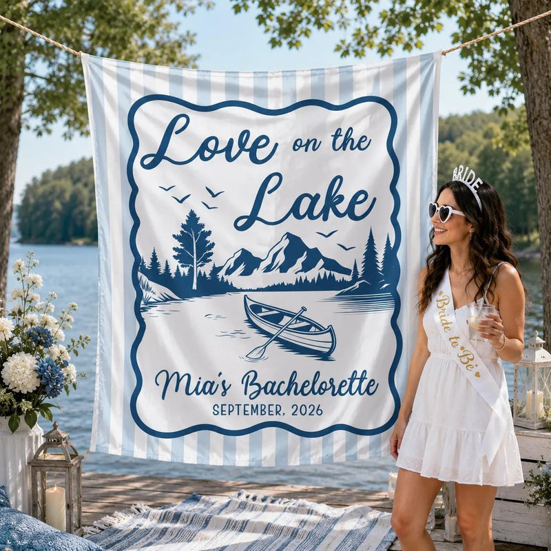 Personalized Love on the Lake Bachelorette Party Banner with Canoe Scene Rustic Blue Stripes Backdrop Custom Name and Date Decor