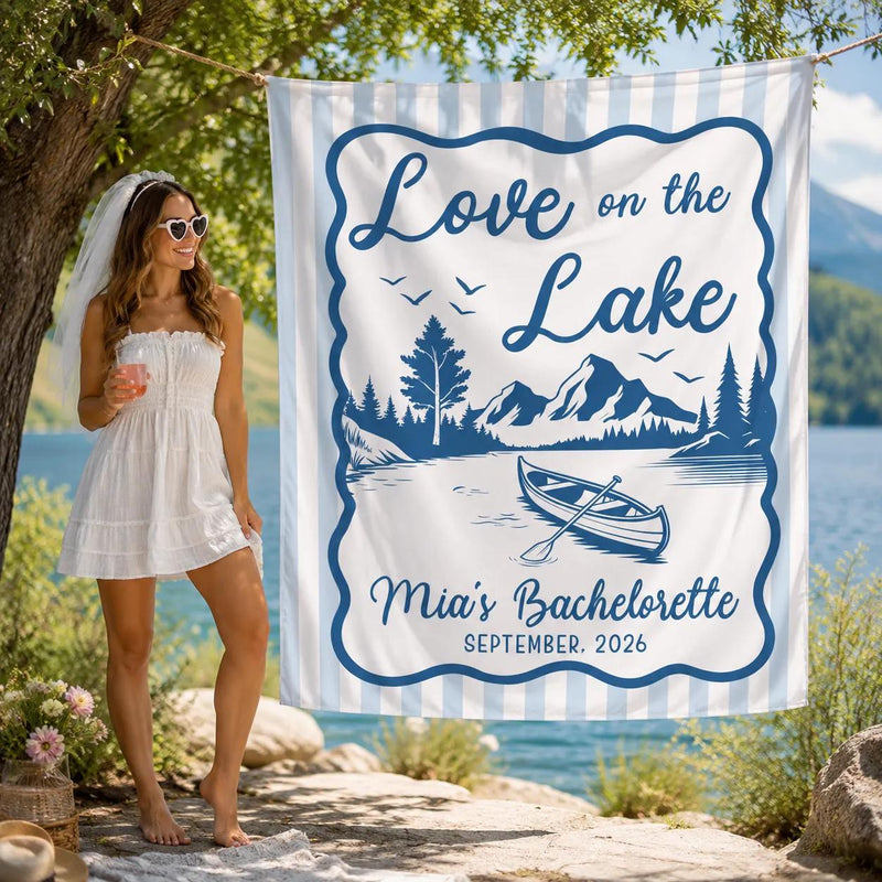 Personalized Love on the Lake Bachelorette Party Banner with Canoe Scene Rustic Blue Stripes Backdrop Custom Name and Date Decor