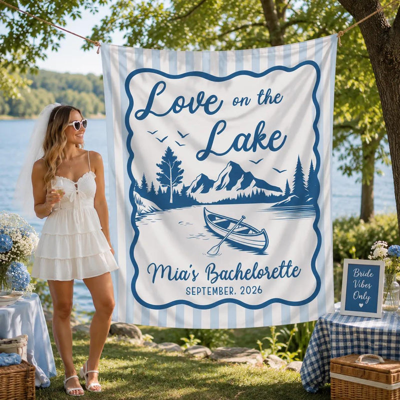Personalized Love on the Lake Bachelorette Party Banner with Canoe Scene Rustic Blue Stripes Backdrop Custom Name and Date Decor