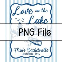 Personalized Love on the Lake Bachelorette Party Banner with Canoe Scene Rustic Blue Stripes Backdrop Custom Name and Date Decor