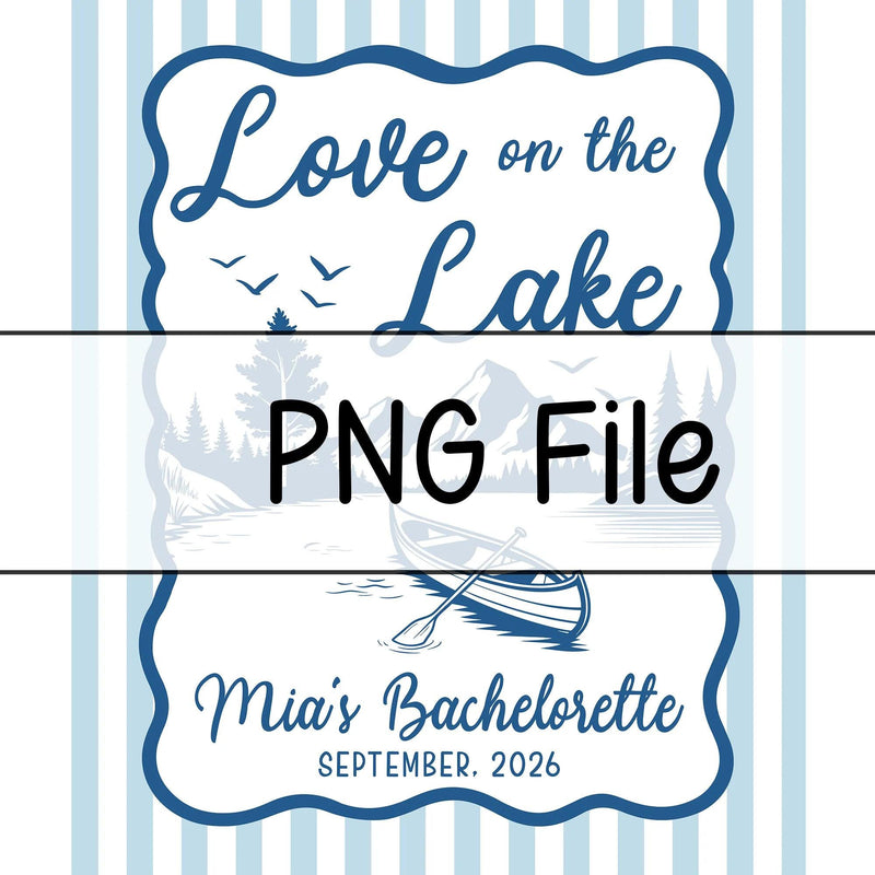 Personalized Love on the Lake Bachelorette Party Banner with Canoe Scene Rustic Blue Stripes Backdrop Custom Name and Date Decor