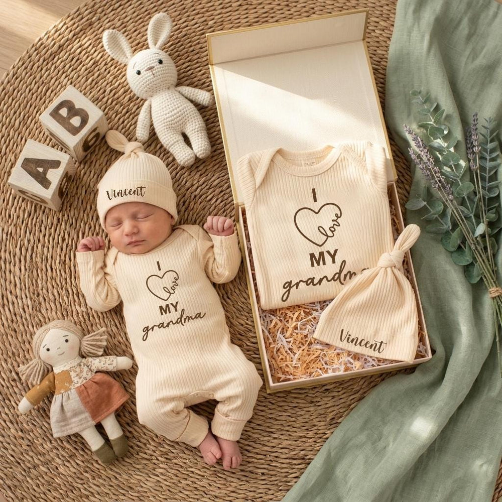 Personalized I Love My Grandma Baby Bodysuit and Hat Gift Set for Newborns Custom Name Baby Shower or Coming Home Outfit Soft Cotton