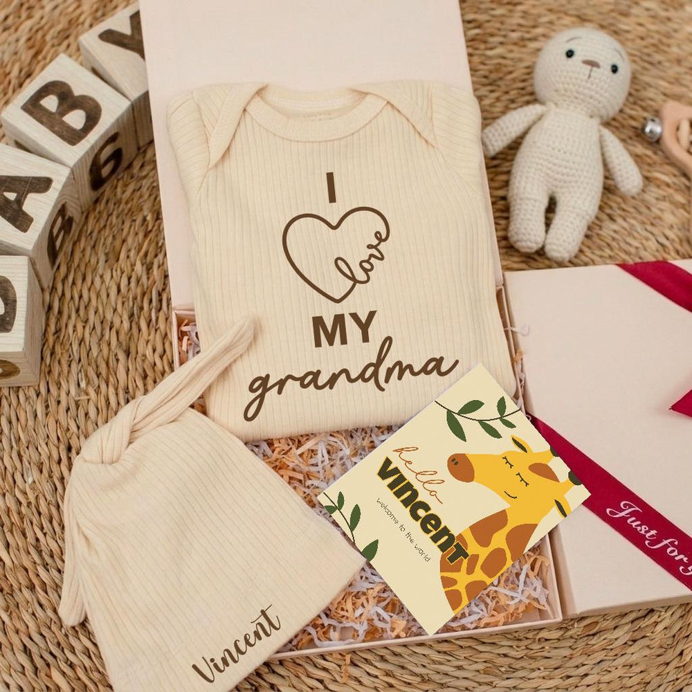 Personalized I Love My Grandma Baby Bodysuit and Hat Gift Set for Newborns Custom Name Baby Shower or Coming Home Outfit Soft Cotton