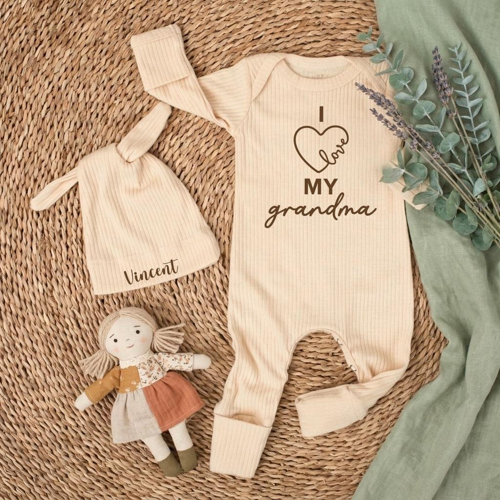 Personalized I Love My Grandma Baby Bodysuit and Hat Gift Set for Newborns Custom Name Baby Shower or Coming Home Outfit Soft Cotton
