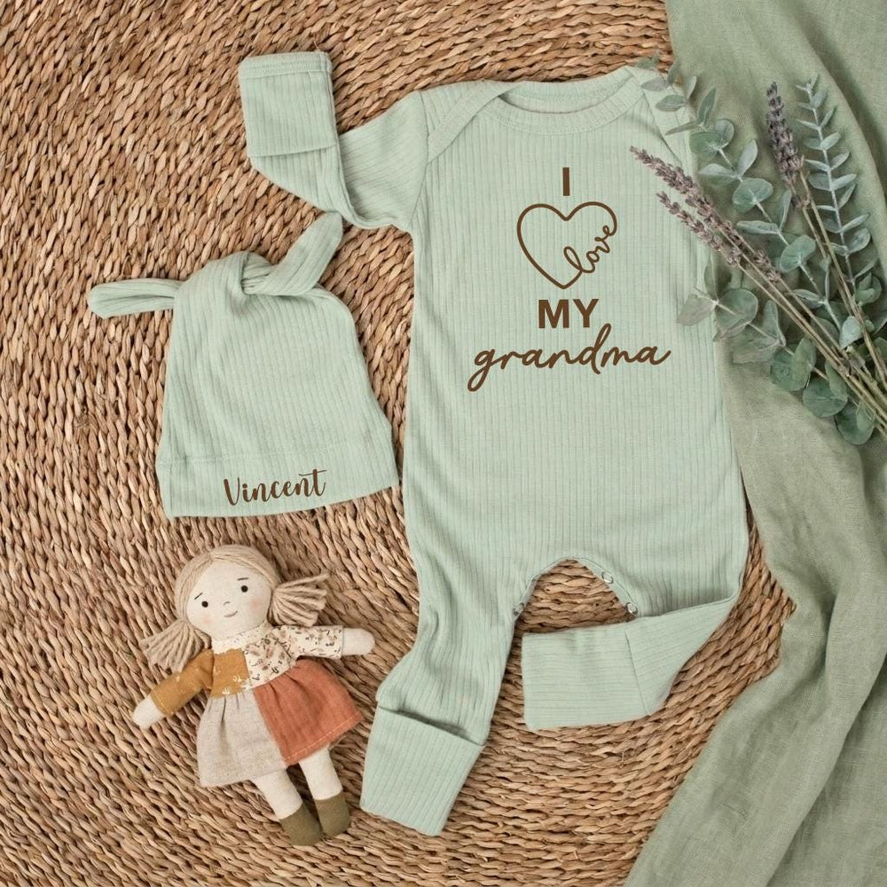 Personalized I Love My Grandma Baby Bodysuit and Hat Gift Set for Newborns Custom Name Baby Shower or Coming Home Outfit Soft Cotton