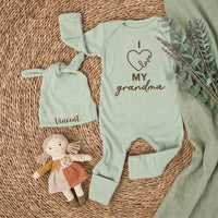 Personalized I Love My Grandma Baby Bodysuit and Hat Gift Set for Newborns Custom Name Baby Shower or Coming Home Outfit Soft Cotton
