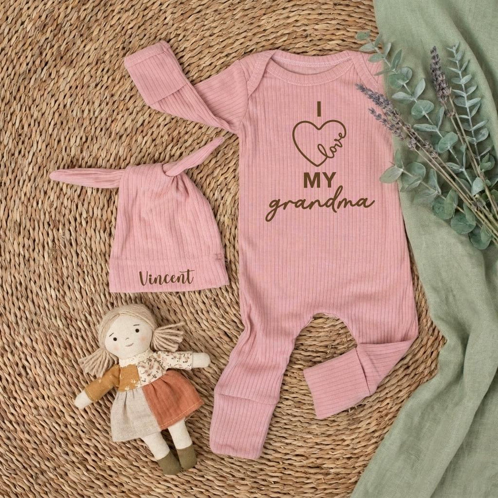 Personalized I Love My Grandma Baby Bodysuit and Hat Gift Set for Newborns Custom Name Baby Shower or Coming Home Outfit Soft Cotton