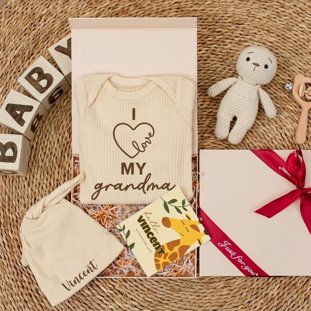 Personalized I Love My Grandma Baby Bodysuit and Hat Gift Set for Newborns Custom Name Baby Shower or Coming Home Outfit Soft Cotton