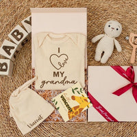 Personalized I Love My Grandma Baby Bodysuit and Hat Gift Set for Newborns Custom Name Baby Shower or Coming Home Outfit Soft Cotton