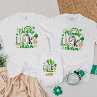 Personalized Lucky Charm Birthday Shirts with Shamrocks Matching Family St Patricks Day Outfit for Baby Toddler Boy and Mommy Custom