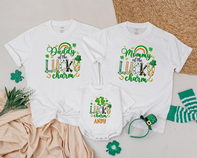 Personalized Lucky Charm Birthday Shirts with Shamrocks Matching Family St Patricks Day Outfit for Baby Toddler Boy and Mommy Custom