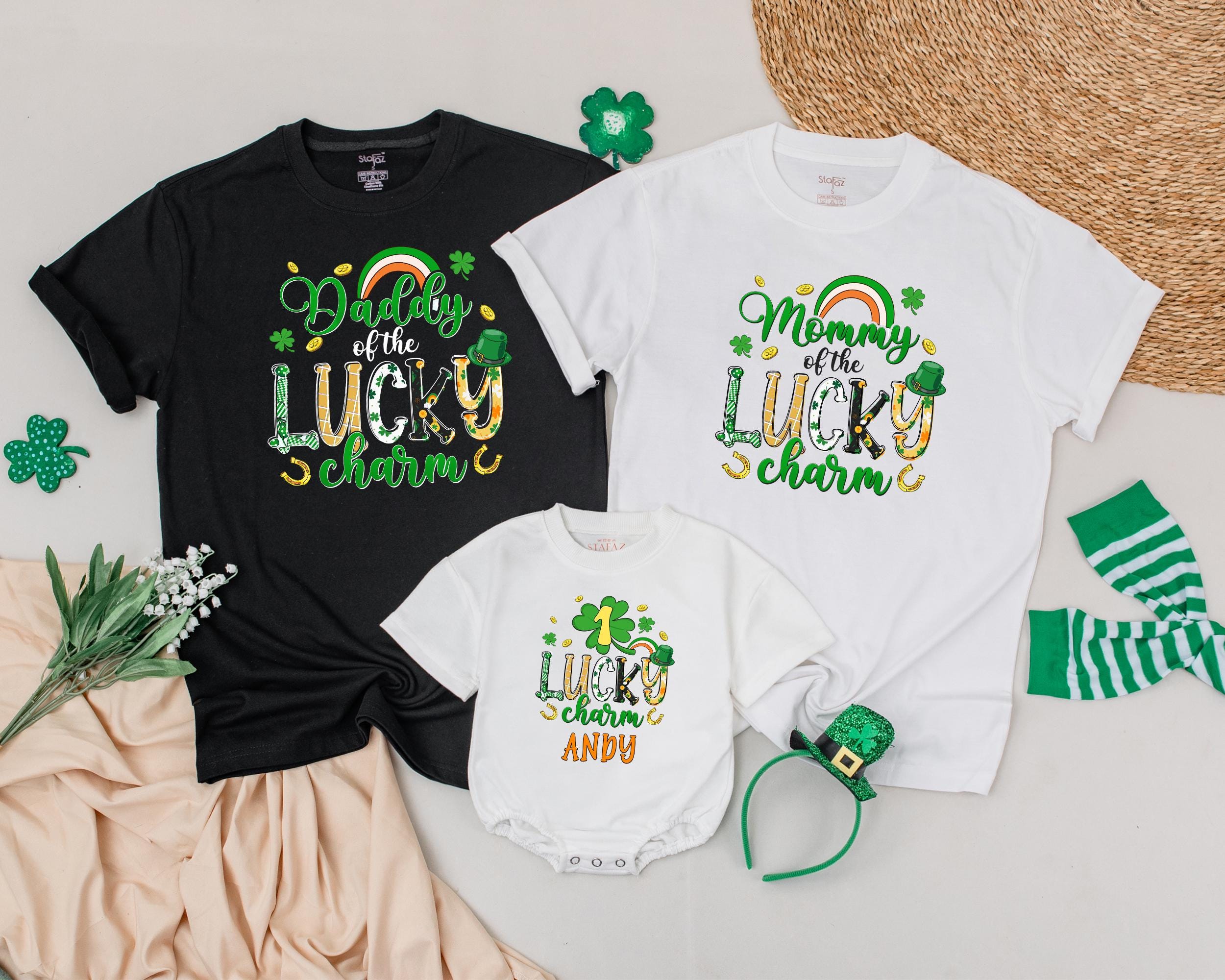 Personalized Lucky Charm Birthday Shirts with Shamrocks Matching Family St Patricks Day Outfit for Baby Toddler Boy and Mommy Custom