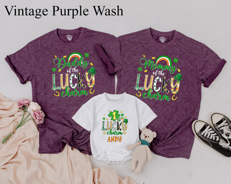 Personalized Lucky Charm Birthday Shirts with Shamrocks Matching Family St Patricks Day Outfit for Baby Toddler Boy and Mommy Custom