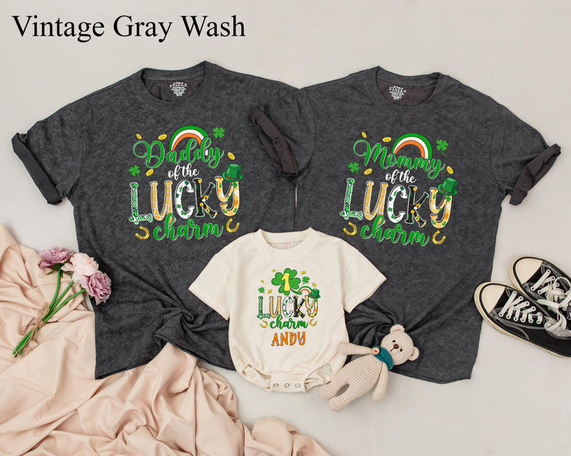 Personalized Lucky Charm Birthday Shirts with Shamrocks Matching Family St Patricks Day Outfit for Baby Toddler Boy and Mommy Custom