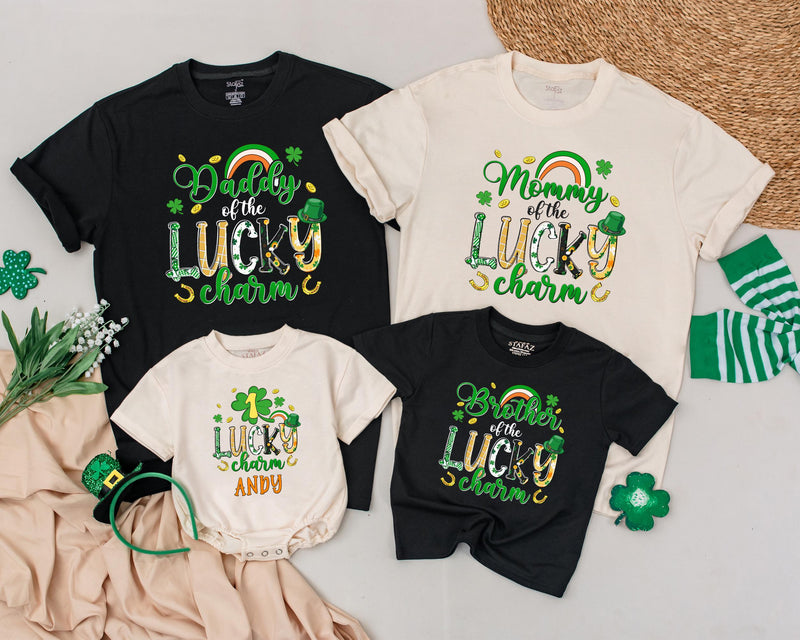 Personalized Lucky Charm Birthday Shirts with Shamrocks Matching Family St Patricks Day Outfit for Baby Toddler Boy and Mommy Custom