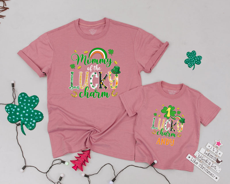 Personalized Lucky Charm Birthday Shirts with Shamrocks Matching Family St Patricks Day Outfit for Baby Toddler Boy and Mommy Custom