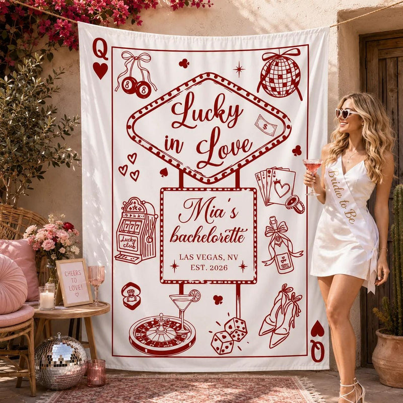 Personalized Lucky in Love Bachelorette Banner with Mia's Name, Vegas Casino Theme, Custom Party Decor Backdrop for Bridal Celebration