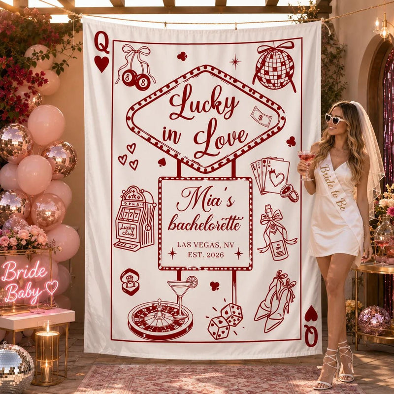 Personalized Lucky in Love Bachelorette Banner with Mia's Name, Vegas Casino Theme, Custom Party Decor Backdrop for Bridal Celebration