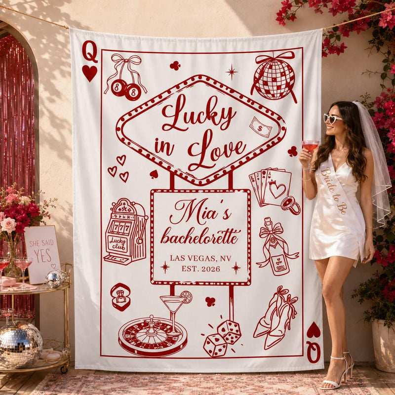 Personalized Lucky in Love Bachelorette Banner with Mia's Name, Vegas Casino Theme, Custom Party Decor Backdrop for Bridal Celebration