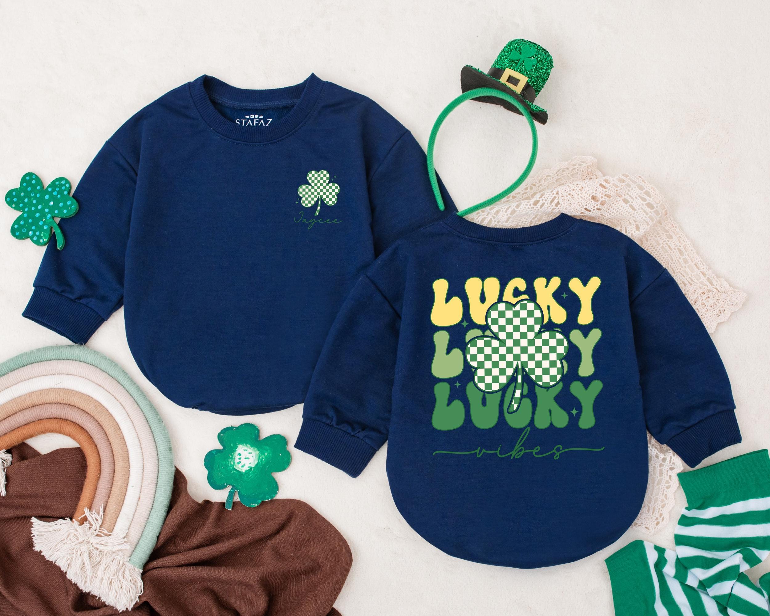 Personalized Lucky Vibes Bubble Romper with Green Clover for Baby's First St Patrick's Day Cute Irish Gift Infant Bodysuit