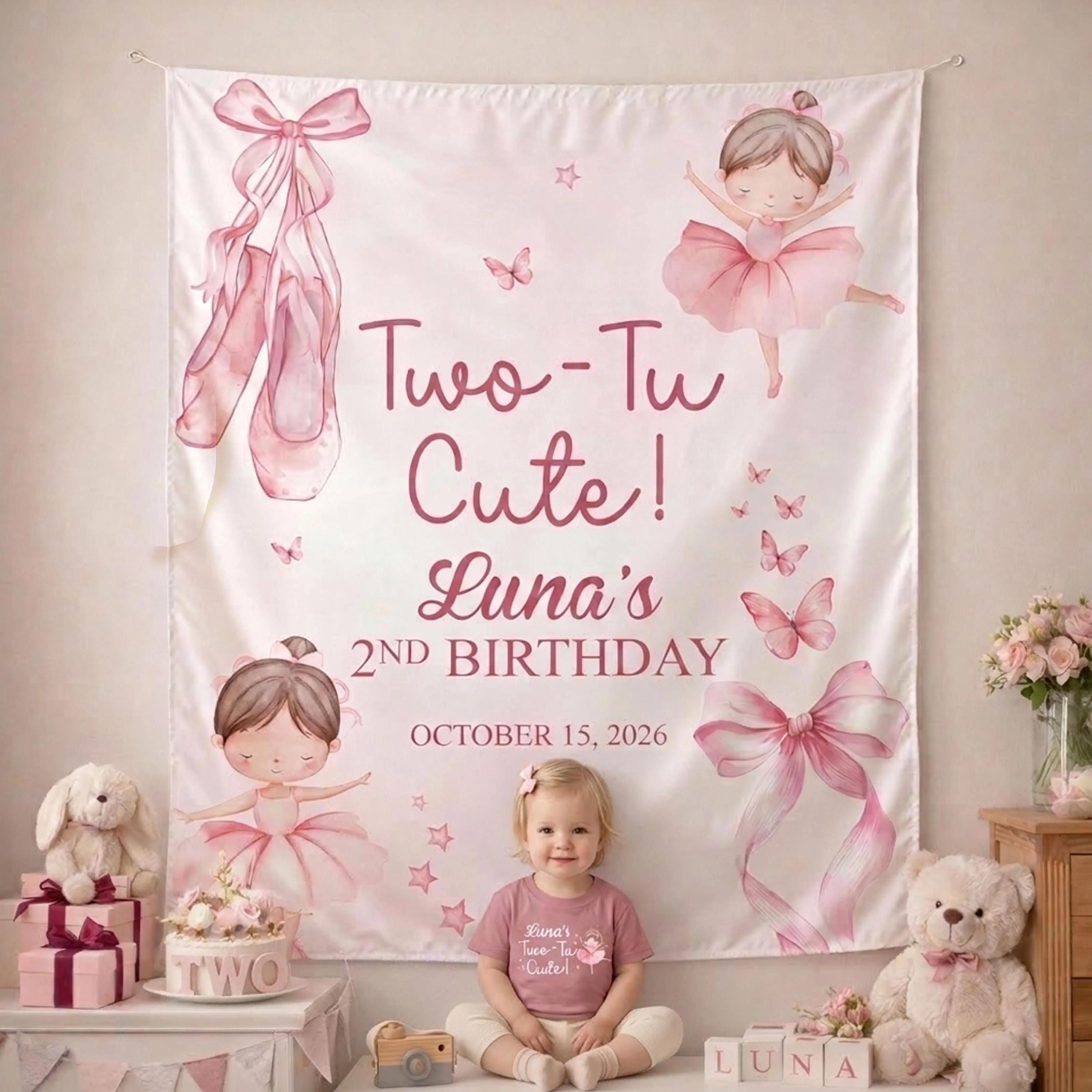 Personalized Luna's Two-Tu Cute Birthday Banner for Toddler Girls Pink Ballet Party Decor Custom Name Silk Backdrop with Ballerina Design