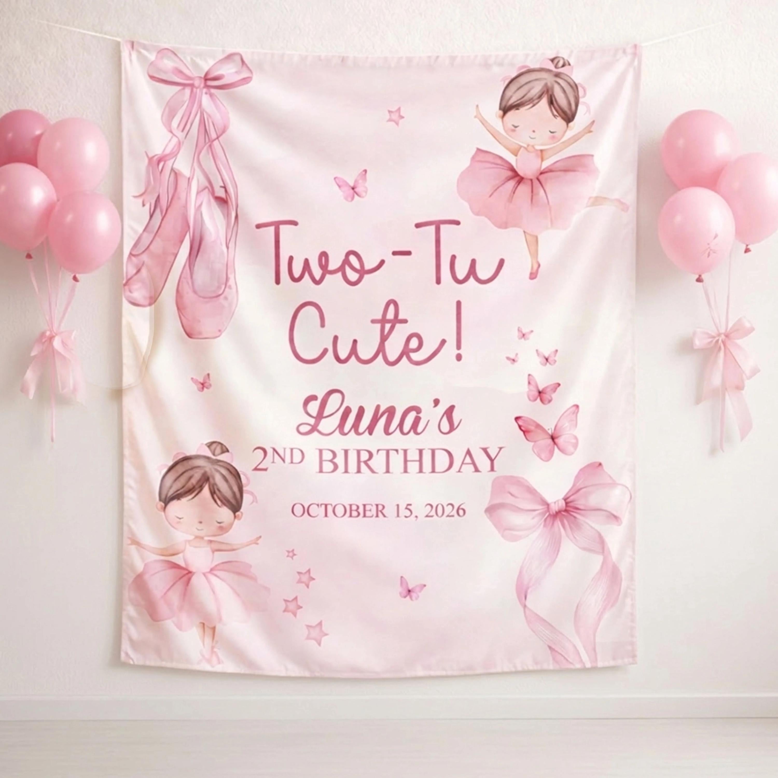 Personalized Luna's Two-Tu Cute Birthday Banner for Toddler Girls Pink Ballet Party Decor Custom Name Silk Backdrop with Ballerina Design