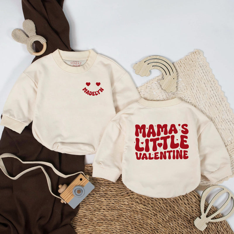 Personalized Madelyn Baby Romper Valentine's Outfit with Retro Red Design, Mama's Little Valentine Gift, Neutral Baby Clothes, Soft Cotton