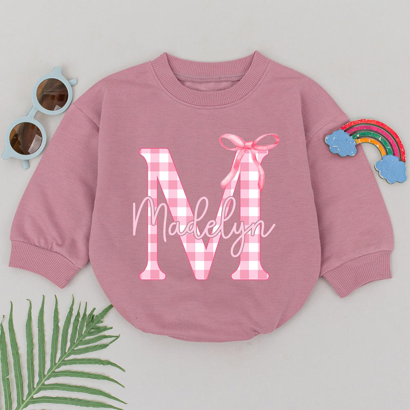 Personalized Madelyn Pink Gingham Bow Romper Baby Girl 1st Birthday Outfit Charming Bodysuit Gift Playful Bubble Style Soft Cotton